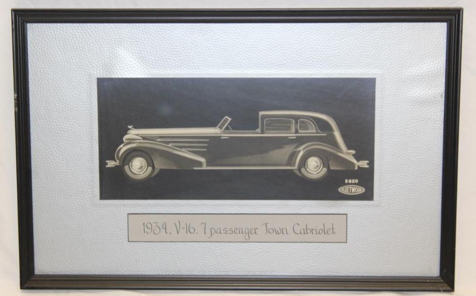 1934 Cadillac V-16 Fleetwood Coachwork Artwork 7-Passenger Town Cabriolet: 19.5" x 13"; Framed