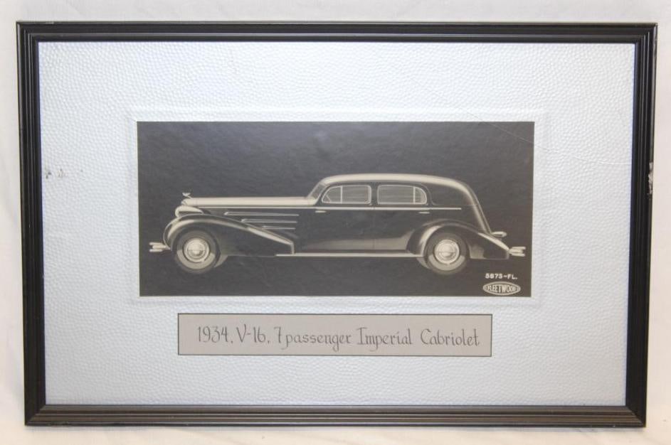 1934 Cadillac V-16 Fleetwood Coachwork Artwork 7-Passenger Imperial Cabriolet: 19.5" x 13"; Framed; Cracked Glass