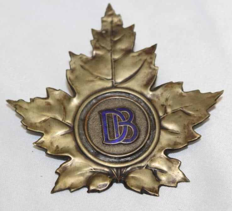 1920's Dodge Brothers Canadian Maple Leaf Radiator Emblem Badge: 3.5" x 3.75", cloisonne