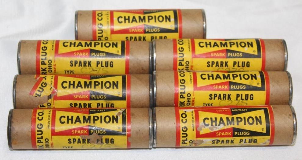 Group of 7 Champion Factory Serviced Ceramic Aircraft Spark Plugs: 4" x 1" Sealed; Type C27S