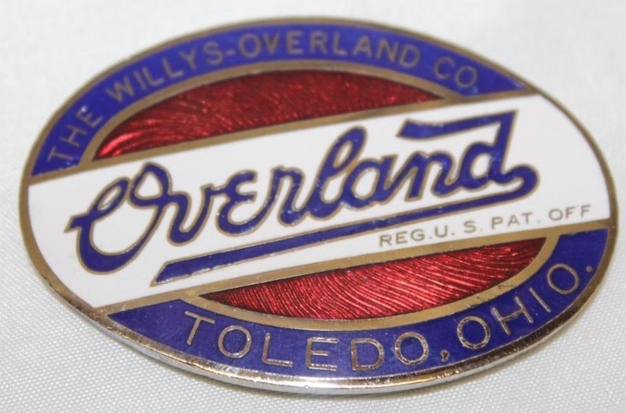 1919-1926 Willys Overland Radiator Emblem Badge: 2.5" x 1.75", cloisonne, this is a high quality reproduction emblem