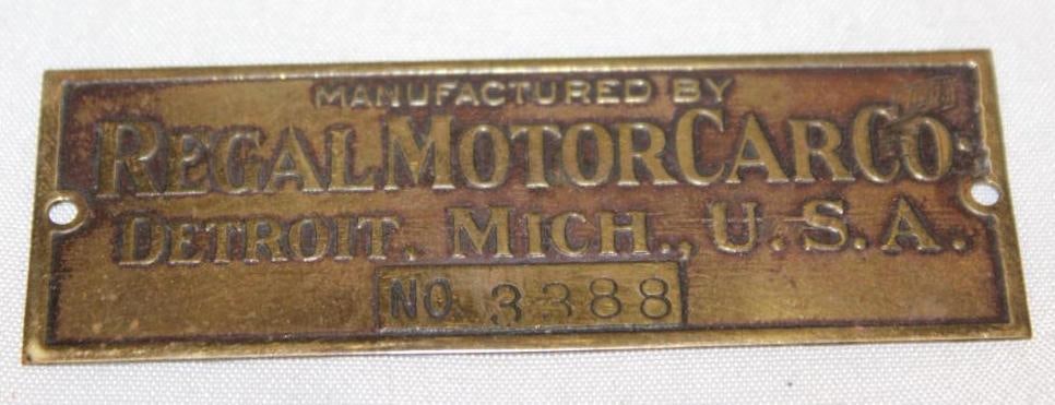 1910's Regal Motor Car Co Brass Data Tag Emblem (1 of 2)