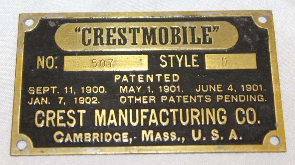 1903 Crestmobile Motor Car Co Brass Data Tag Emblem (1 of 2)