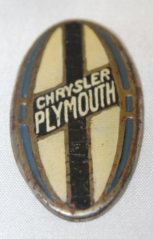 1920's-1930's Chrysler Plymouth Radiator Emblem Badge: 1" x 2", cloisonne