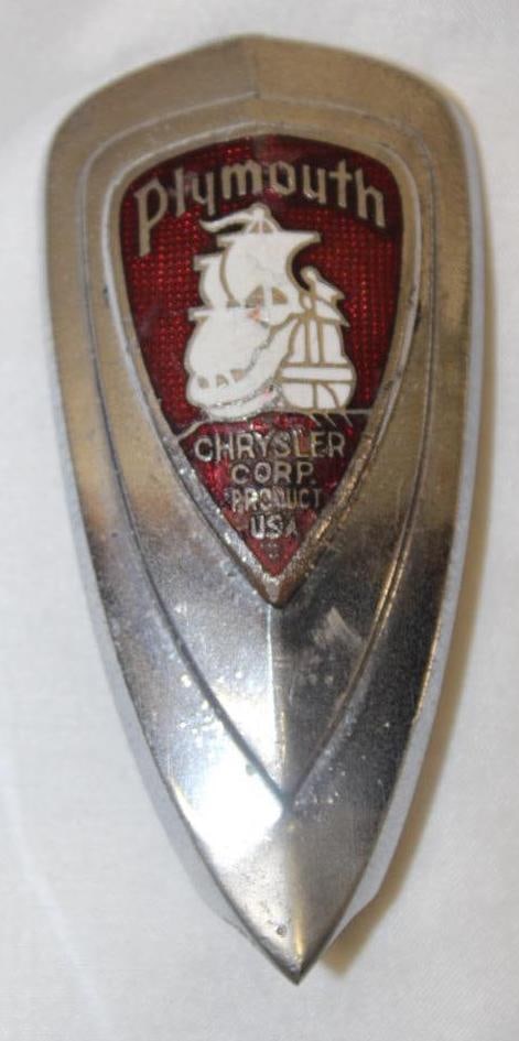 1938 Chrysler Plymouth Radiator Emblem Badge: 3.75" x 1.75", cloisonne