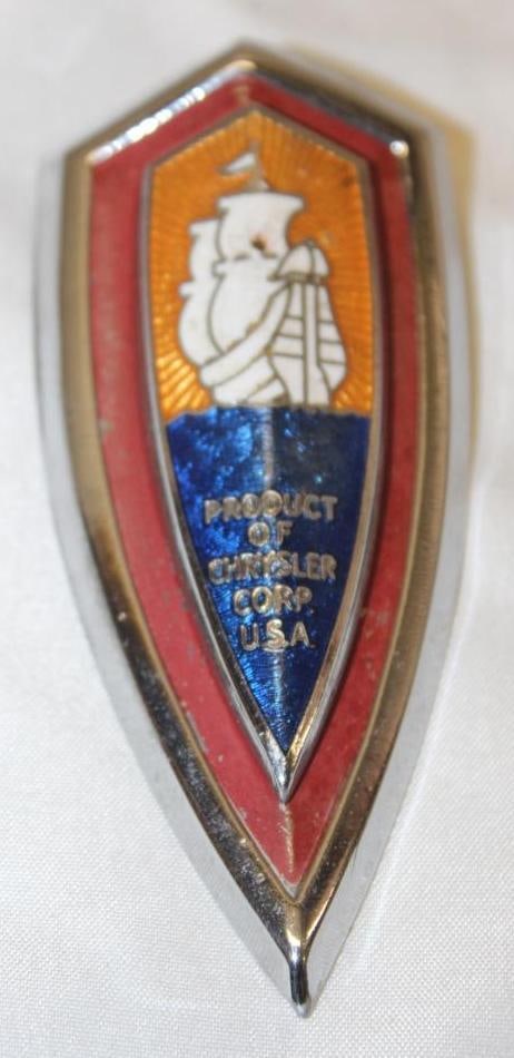 1941 Chrysler Plymouth Radiator Emblem Badge: 4" x 1.75", cloisonne