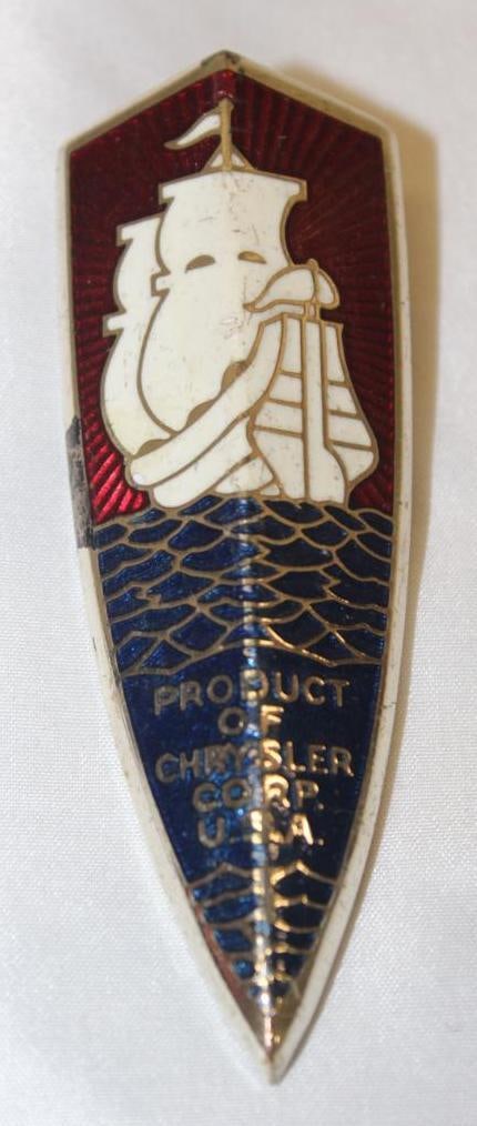1942 Chrysler Plymouth Radiator Emblem Badge: 4" x 1.5", cloisonne