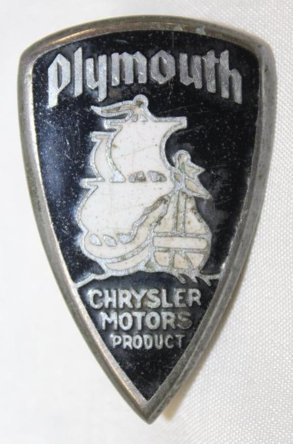 1931-1937 Chrysler Plymouth Radiator Emblem Badge: 2" x 1.25", cloisonne, flat