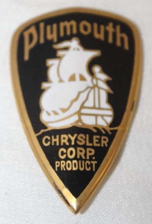 1931-1937 Chrysler Plymouth Radiator Emblem Badge: 2" x 1.25", cloisonne, v shaped