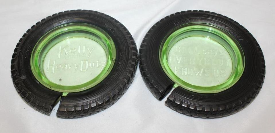 Group of 2 Kelly Tires Advertising Tire Ashtrays w/ Embossed Green Glass Centers: 6.5" diameter, both have cracked tires