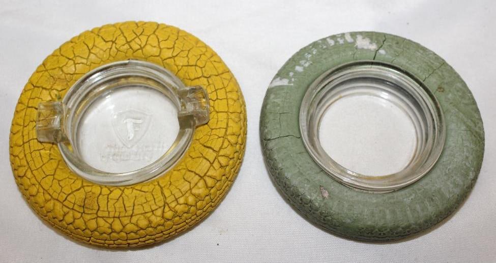 Group of 2 Yellow and Green Firestone Advertising Tire Ashtrays (1 of 3)