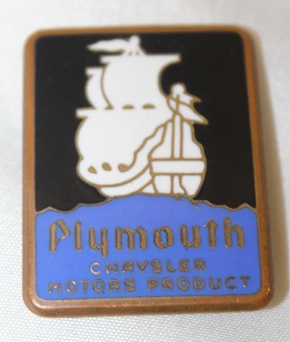 1930 Chrysler Plymouth Radiator Emblem Badge: 1.5" x 1.25", cloisonne