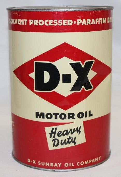 DX Sunray 5 Quart Motor Oil Can: drained by two holes in the bottom lid, in f=good condition with only minor wear and small dents to the reverse, drained by two holes in the bottom lid