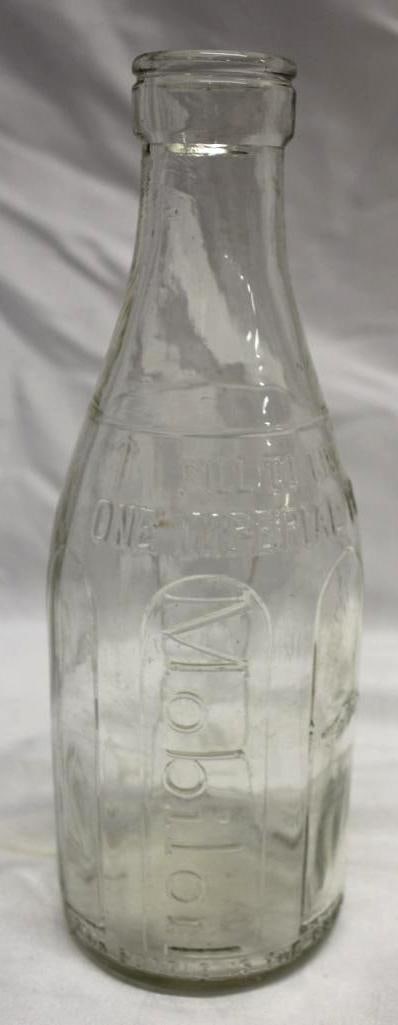 Mobiloil 1 Imperial Pint Glass Bottle: 9" x 3", embossed