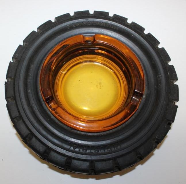 Bergougnan Industrial Tires Advertising Tire Ashtray: 6.75" Diameter; Amber Glass