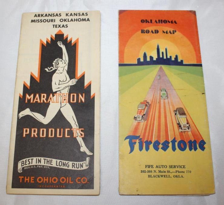 Group of 2 Marathon and Firestone Texas Oklahoma Roadmaps: 9" x 4"