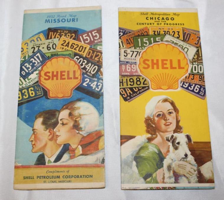 Group of 2 1930's Graphic Shell Oil Advertising Roadmaps (1 of 3)