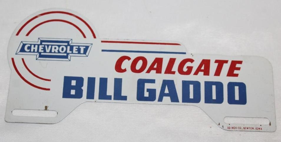 Bill Gaddo Coalgate Chevrolet Advertising License Plate Topper: 10" x 4.5", marked Advertising Novelty Co of Newton Iowa, in good condition with only light wear throughout