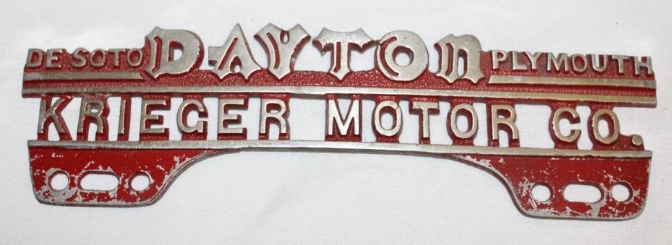 DeSoto Chrysler Plymouth Krieger Motor Co of Dayton Advertising License Plate Topper: 10.25" x 3"