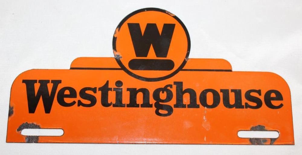 Porcelain Westinghouse Appliances Advertising License Plate Topper Sign: 10" x 5", has some chips near the mounting holes and outer edges