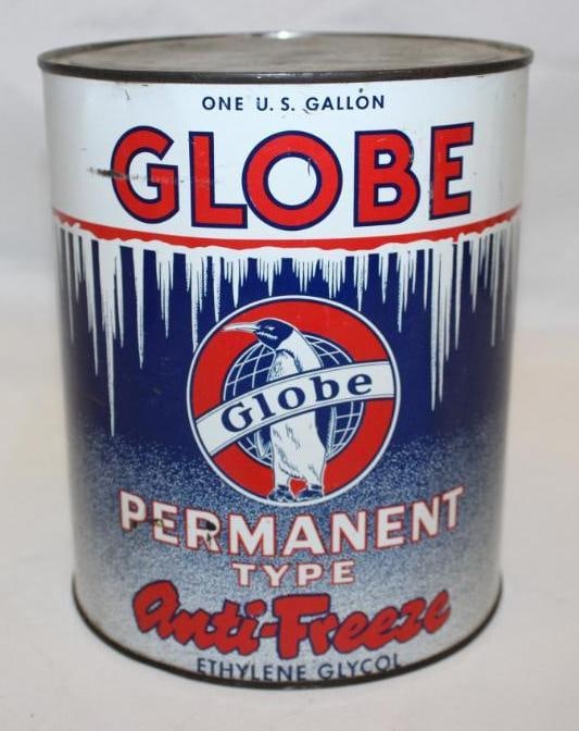 Graphic Globe 1 Gallon Antifreeze Can: some wear and scratches to the display side, missing the bottom lid, 7.75" x 6.5"