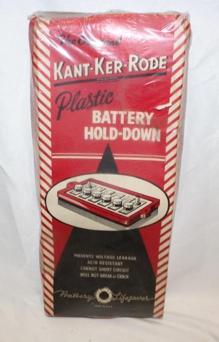 Kant-Ker-Rode Plastic Battery Hold-Down Advertising Display: has minor staining and creasing, sealed in plastic, 6" x 15" x 1.5"
