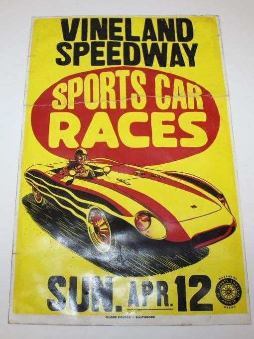 Vineland Speedway Sports Car Races Poster Sign: Marked Globe Post of Balto, MD; Cardboard; Some water damage and wear; 11" x 17"; We have been informed that this is a reproduction.