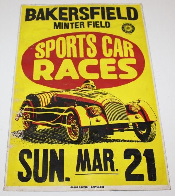 Bakersfield Minterfield Sports Car Races Poster Sign: Marked Globe Post of Balto, MD; Cardboard; Some water damage and wear; 11" x 17". We have been informed that this is a reproduction.