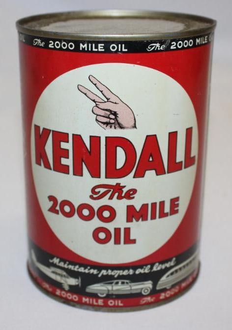 Kendall 2000 Mile Oil Metal 1 Quart Motor Oil Can: it is full, has some paint loss near the seam, in very good condition with only minor wear