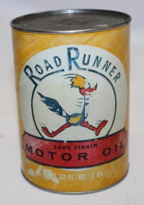 Graphic Road Runner 1 Quart Motor Oil Can: composite, drained by two holes in the bottom lid, has some fading throughout