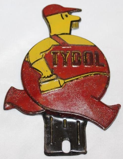 Red and Yellow Tydol Service Station Attendant License Plate Topper: 6.5" x 4.5", in good condition with some slight aging to the red paint