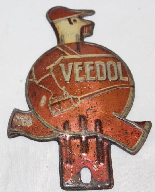 Red and White Veedol Service Station Attendant License Plate Topper: 6.5" x 4.5", light discoloration and wear throughout
