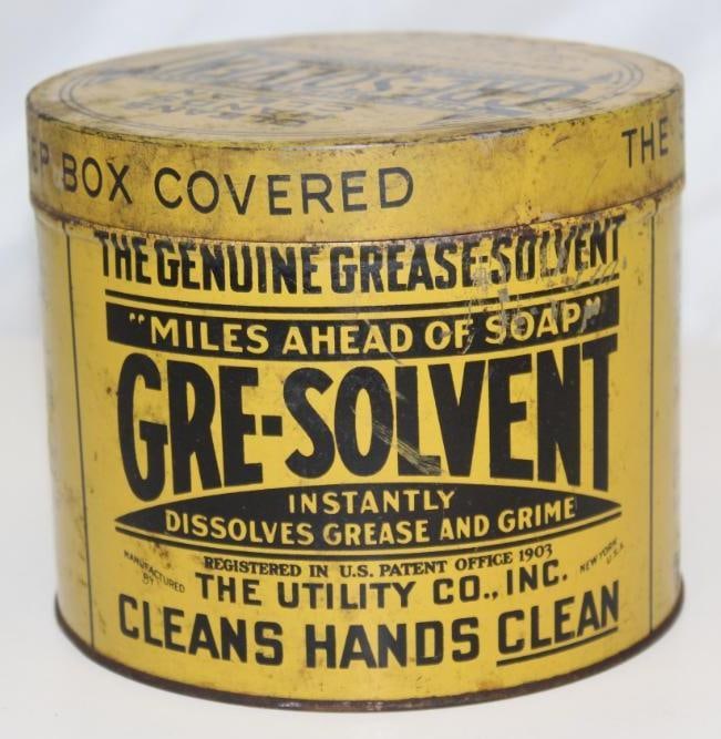 1930's Gre-Solvent Hand Cleaner Advertising Tin Can: It has some light wear and scratches