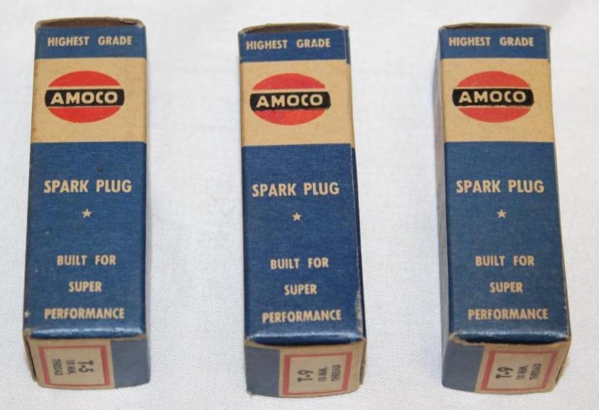 Group of 3 Amoco Oil Co Advertising Spark Plugs: 3" x 1" x 1" each, all with original boxes