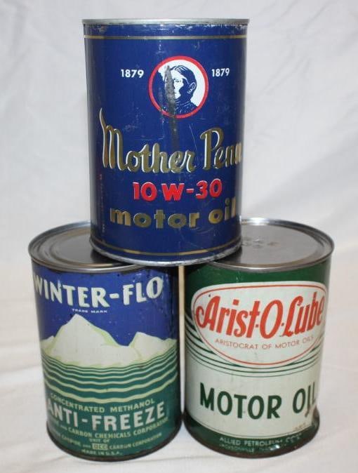 Group of 3 Metal Antifreeze and Motor Oil 1 Quart Cans Winterfro Arist-o-lube Mother Penn