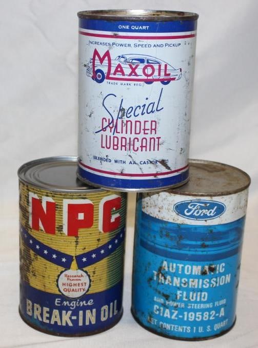 Group of 3 Metal 1 Quart Motor Oil and ATF Cans Ford Max Oil NPC
