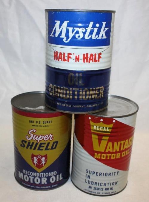 Group of 3 Metal 1 Quart Motor Oil Cans from OK Mystik Super Shield Vantage (1 of 2)