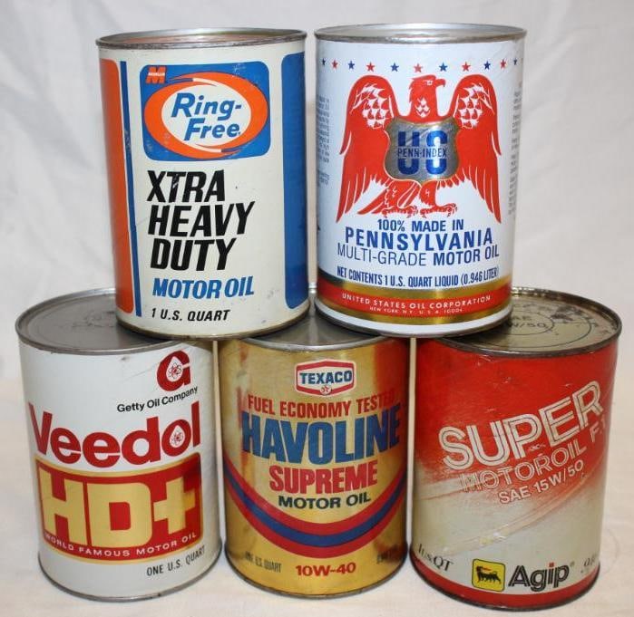 Group of 5 1 Quart Motor Oil Cans Texaco Veedol Agip MacMillan Penn-Index (1 of 2)