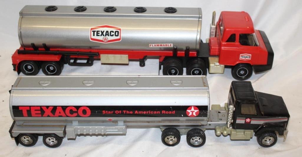 Group of 2 Texaco Havoline Toy Tanker Trucks: largest 22" x 5" x 6"