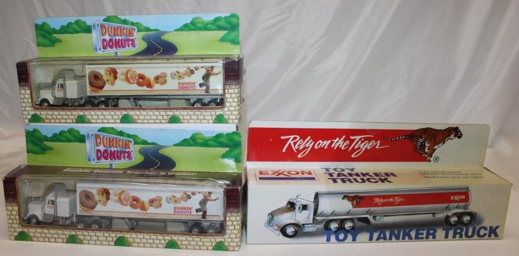Group of 3 Exxon and Dunkin Donuts Advertising Trucks: Largest is 15.5" x 6" x 3"; All with original boxes