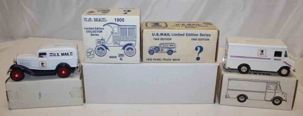 Group of 4 US Mail Delivery Trucks by Ertl: 7" x 3" x 3" is the largest; all in original boxes