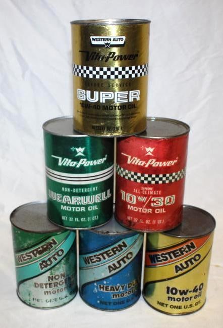 Group of 6 Western Auto 1 Quart Motor Oil Cans (1 of 2)