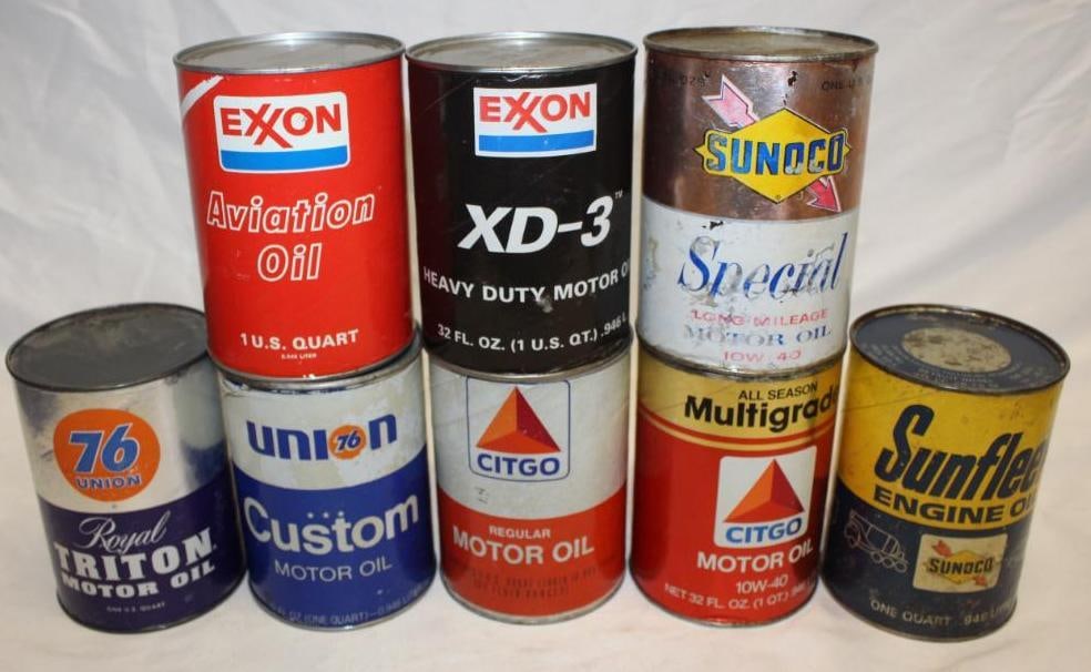 Group of 8 1 Quart Motor Oil Cans Exxon Citgo Union 76 Sonoco (1 of 2)