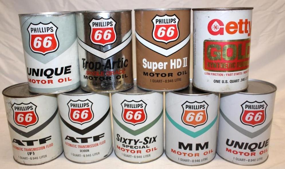 Group of 9 Phillips 66 Getty 1 Quart Motor Oil Cans (1 of 2)
