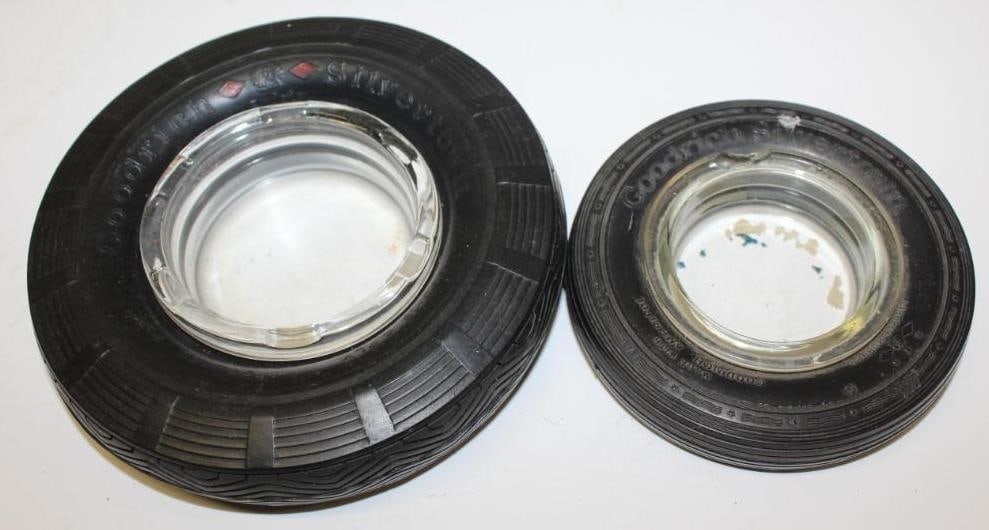 Group of 2 Goodrich Silvertown Advertising Tire Ashtrays: 4.25" and 6" Diameter; Clear Glass; Smaller on has chip on the glass
