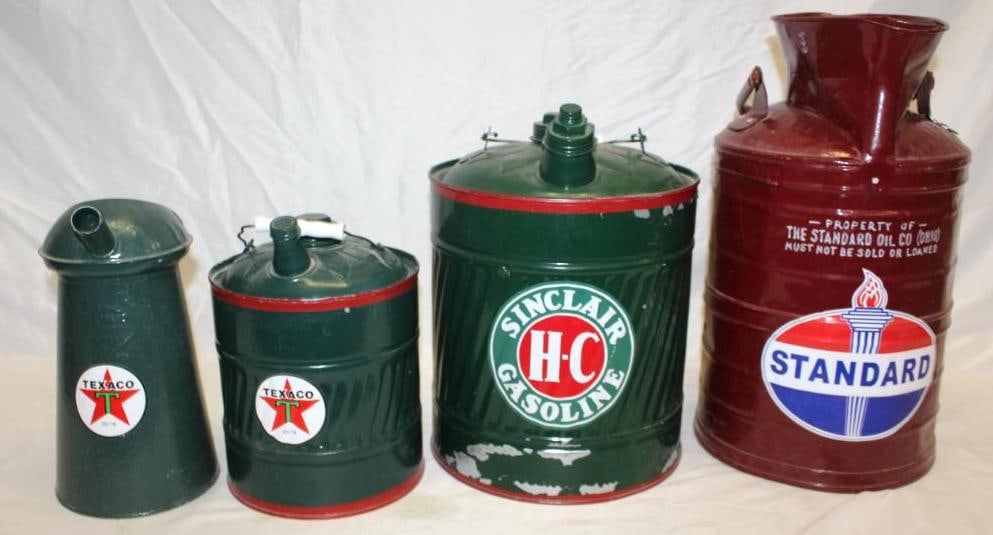 Group of Texaco, Sinclair, Standard Advertising Cans: all have been repainted with newer decals applied, largest 19" x 10" x 12"