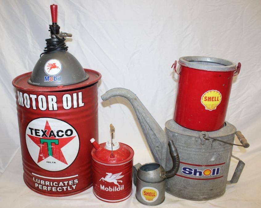 Group of 6 Texaco, Mobil, Shell Advertising Cans and Light: all with newer logos or decals, largest 18" x 15"
