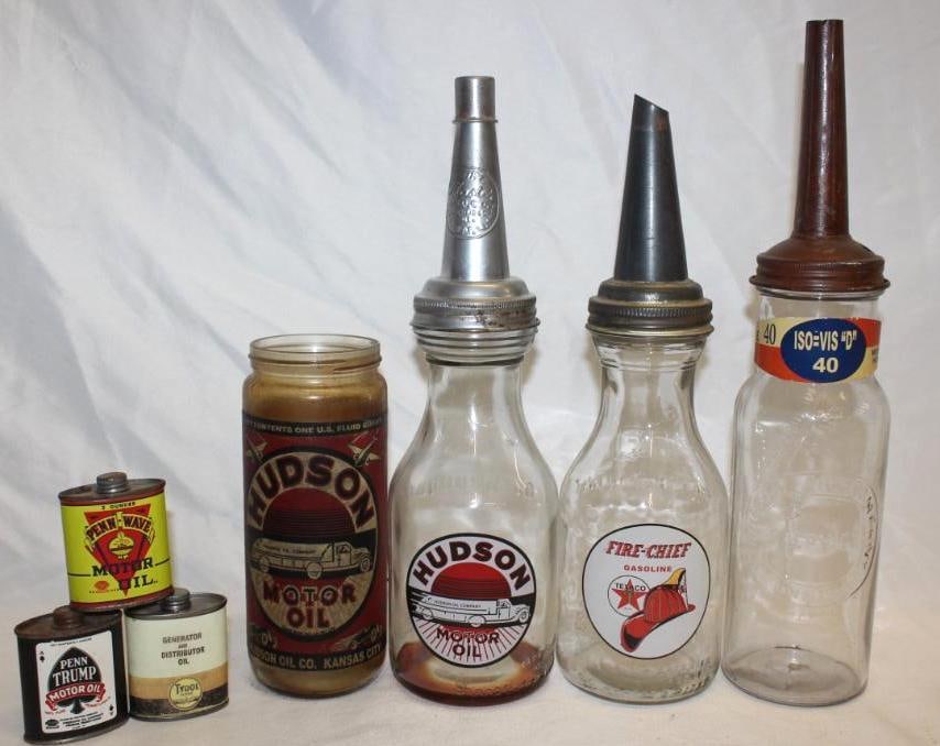 Group of 7 Reproduction Oil Bottles and Cans: largest 15" x 4"