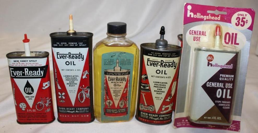 Group of 5 Whiz and Ever-Ready Oiler Cans: Whiz is new in the box, 7" x 4" x 1.5"