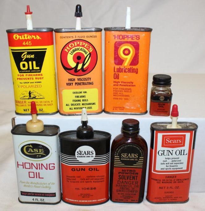 Group of 8 Case, Outers, Sears, Hoppe's Gun Oiler Cans: largest 5" x 2" x .75"
